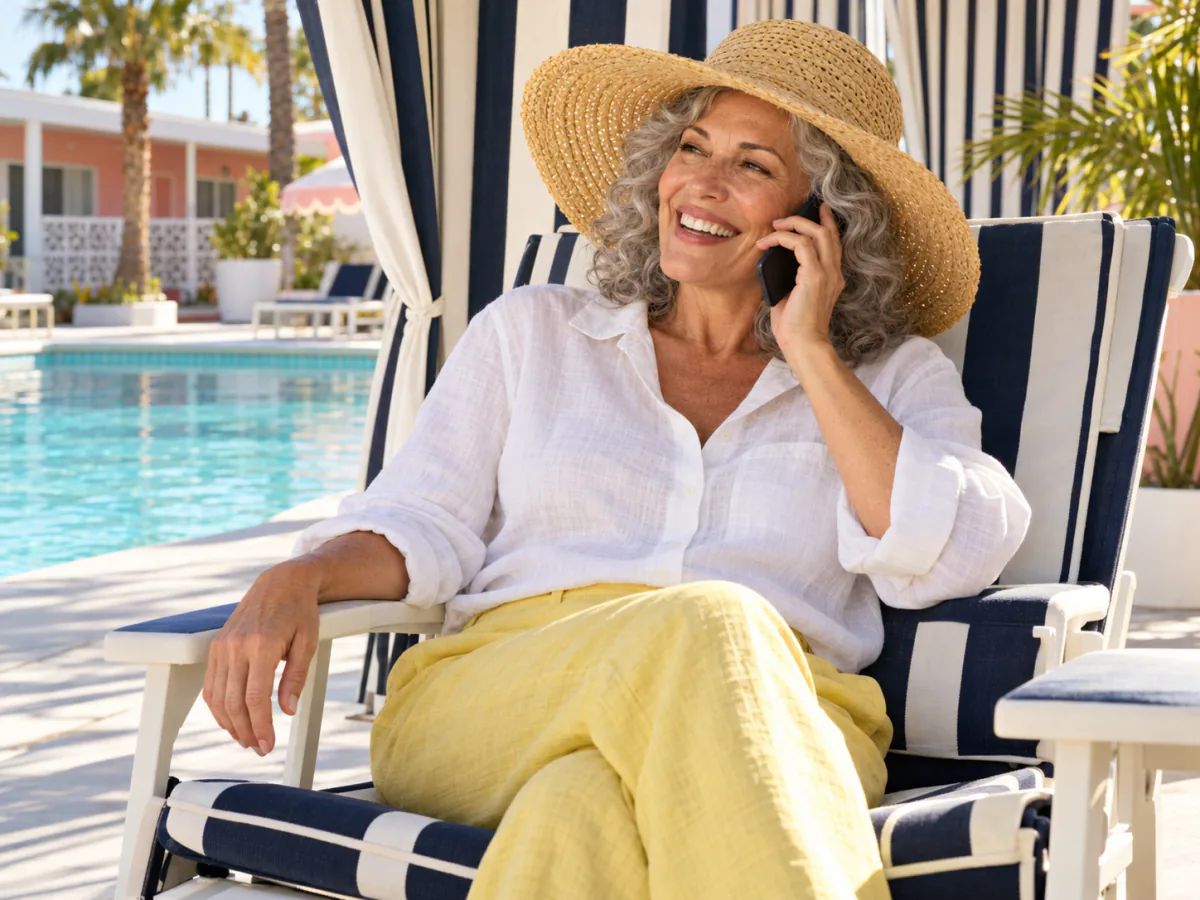 A woman with silver curls and a straw sun hat laughs on a phone call in a striped cabana chair.