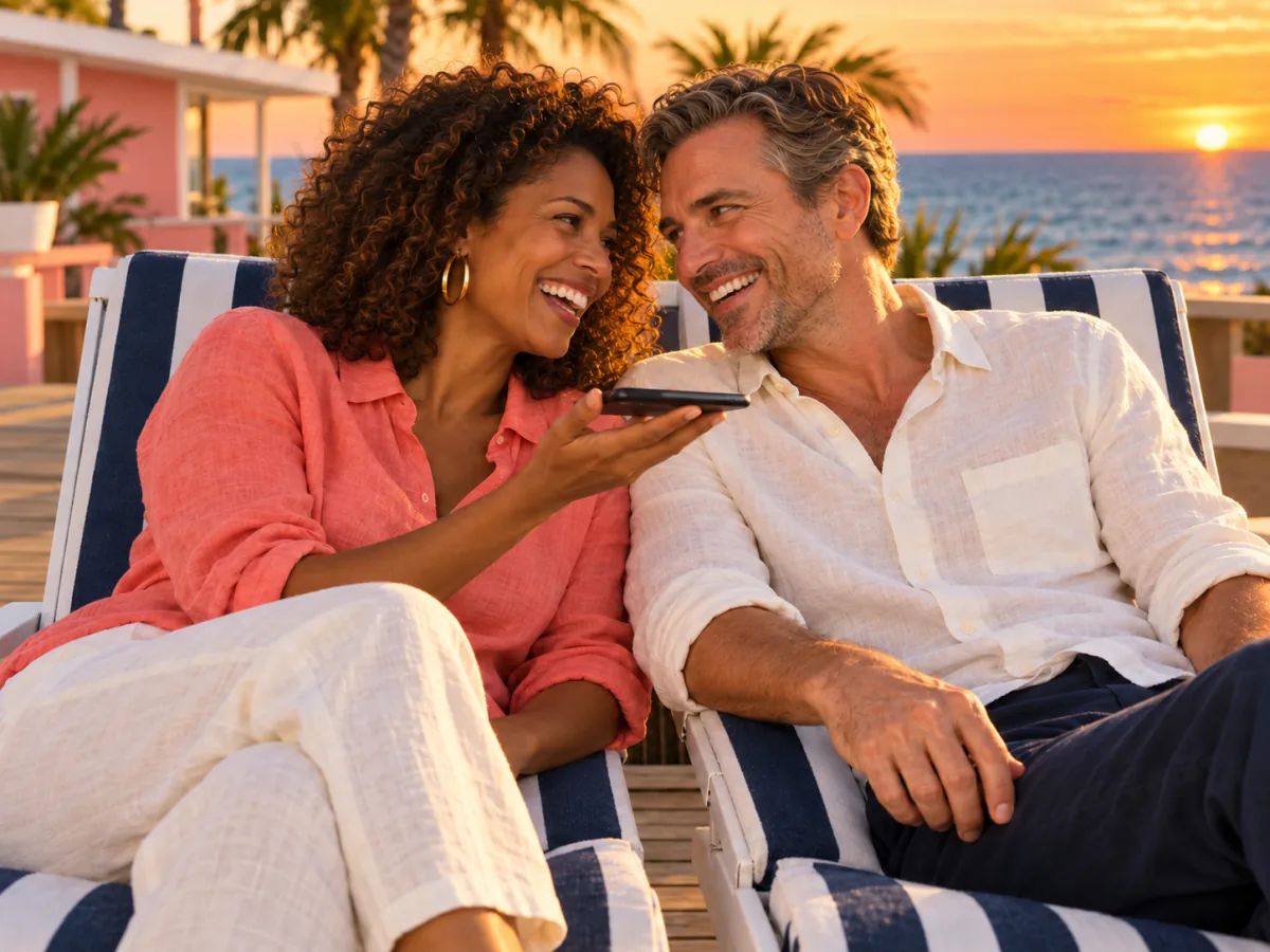 A couple laughing together over a phone on speaker, lounging side by side at an ocean sunset.